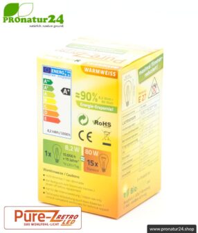 LED bulb filament Pure-Z-Retro BIO LIGHT, clear, E27, 8.2 watt, 970 lumen, warm white (2700 K). Corresponds to 80 Watt light output.
