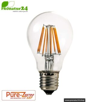 LED bulb filament Pure-Z-Retro BIO LIGHT, clear, E27, 8.2 watt, 970 lumen, warm white (2700 K). Corresponds to 80 Watt light output.
