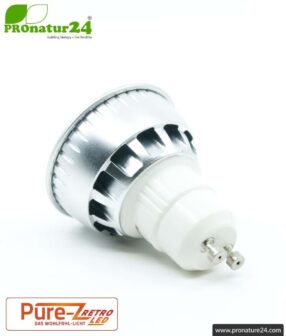 LED SPOT bulb Pure-Z-Retro BIO LIGHT, clear, GU10, 5 watt, 380 lumen, warm white (2700 K). Equivalent to 40 Watt light output.
