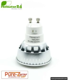 LED SPOT bulb Pure-Z-Retro BIO LIGHT, clear, GU10, 5 watt, 380 lumen, warm white (2700 K). Equivalent to 40 Watt light output.