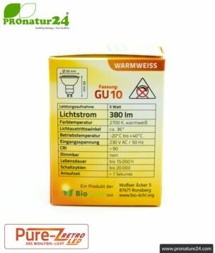 LED SPOT bulb Pure-Z-Retro BIO LIGHT, clear, GU10, 5 watt, 380 lumen, warm white (2700 K). Equivalent to 40 Watt light output.