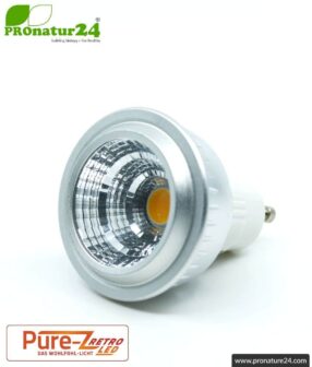LED SPOT bulb Pure-Z-Retro BIO LIGHT, clear, GU10, 5 watt, 380 lumen, warm white (2700 K). Equivalent to 40 Watt light output.