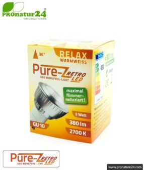 LED SPOT bulb Pure-Z-Retro BIO LIGHT, clear, GU10, 5 watt, 380 lumen, warm white (2700 K). Equivalent to 40 Watt light output.