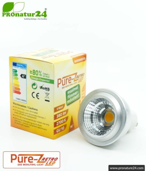 LED SPOT bulb Pure-Z-Retro BIO LIGHT, clear, GU10, 5 watt, 380 lumen, warm white (2700 K). Equivalent to 40 Watt light output.