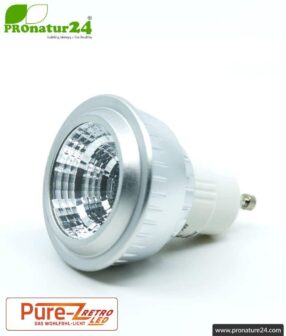 LED SPOT bulb Pure-Z-Retro BIO LIGHT, clear, GU10, 5 watt, 380 lumen, warm white (2700 K). Equivalent to 40 Watt light output.