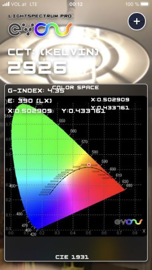 Lightspectrum Pro EVO for measuring the color temperature in kelvin and displaying the color spectrum. Available for iOS and Android.