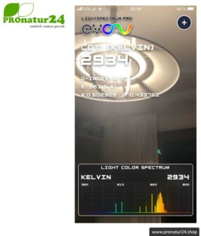Lightspectrum Pro EVO for measuring the color temperature in kelvin and displaying the color spectrum. Available for iOS and Android.