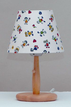 Shielded table lamp for children made of beech wood with lampshade made of cotton. 31 cm high, E27 socket, 40 Watt.