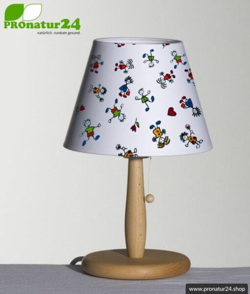 Shielded table lamp for children made of beech wood with lampshade made of cotton. 31 cm high, E27 socket, 40 Watt.