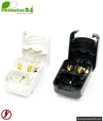 Adapter SCP3 European Schuko plug EF to type G plug (UK) with grounding. 13 Amp fused. 2 colours (black + white).