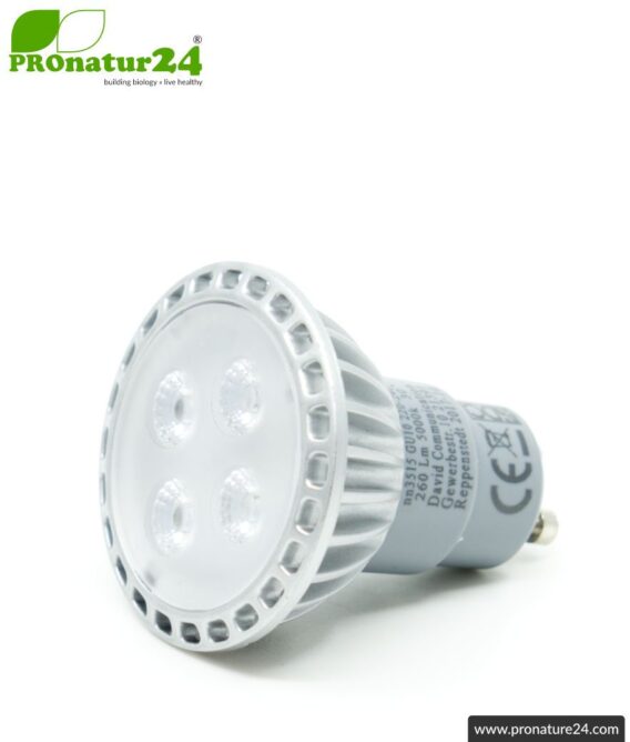 5 watts LED full spectrum spot. Natural flicker-free light. Bright as 35 watts! 5200 Kelvin. 310 Lumen. GU10 socket. Dimmable.