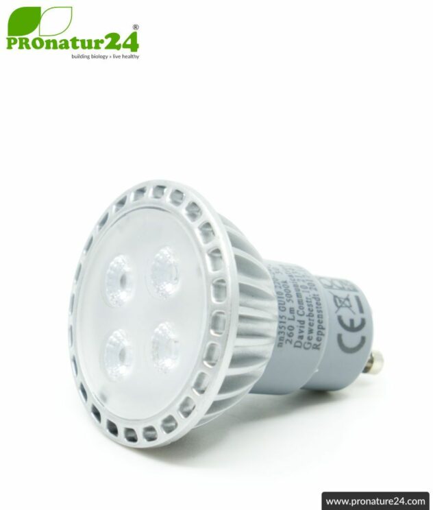 5 watts LED full spectrum spot. Natural flicker-free light. Bright as 35 watts! 5200 Kelvin. 310 Lumen. GU10 socket. Dimmable.