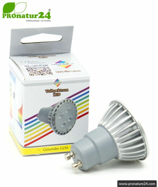 5 watts LED full spectrum spot. Natural flicker-free light. Bright as 35 watts! 5200 Kelvin. 310 Lumen. GU10 socket. Dimmable.