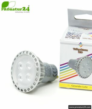 5 watts LED full spectrum spot. Natural flicker-free light. Bright as 35 watts! 5200 Kelvin. 310 Lumen. GU10 socket. Dimmable.