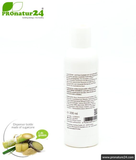 SHAMPOO rose. Enjoy "being naked" with all your senses! Hair & Body Shampoo with precious essential rose oil. Caressing showering & bathing redefined + a heart for nature. 200 ml filling quantity.