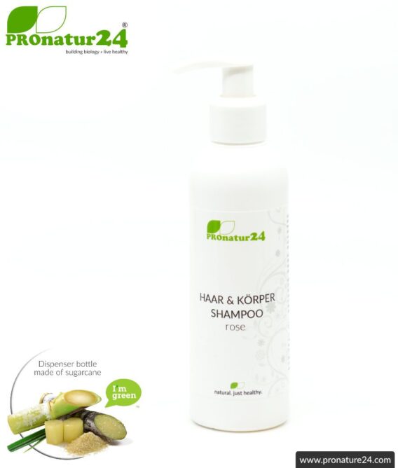 SHAMPOO rose. Enjoy "being naked" with all your senses! Hair & Body Shampoo with precious essential rose oil. Caressing showering & bathing redefined + a heart for nature. 200 ml filling quantity.