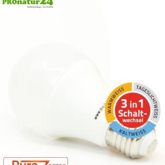 9 watts LED TRICOLOR Pure-Z NEO by Biolicht | 3in1 switchable light color (daylight white, cool white and warm white). Bright as 80 watts. 800-850 Lumen. E27 socket.