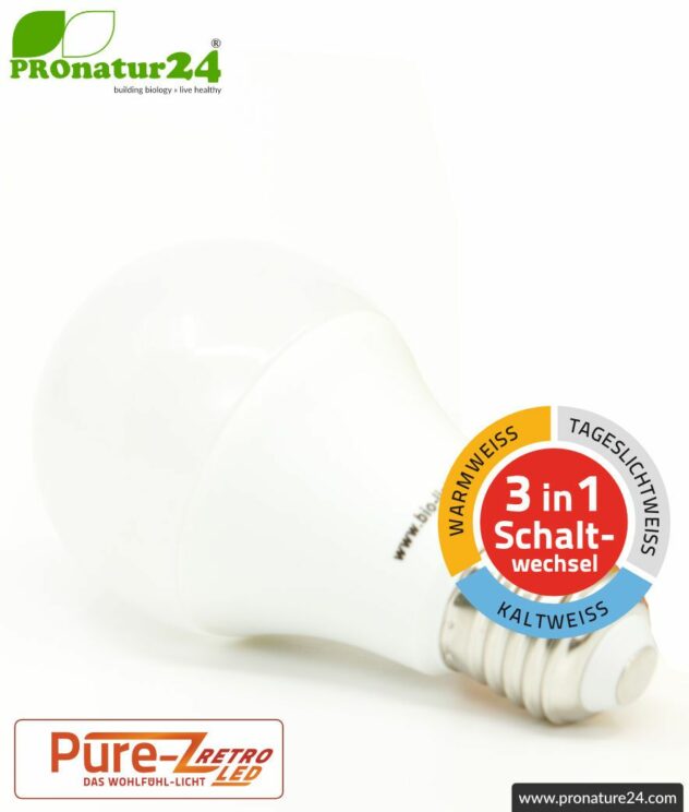 9 watts LED TRICOLOR Pure-Z-Retro | 3in1 switchable BIO light (warm white, cool white and daylight white). Bright as 80 Watt. 800-850 Lumen. E27 socket.