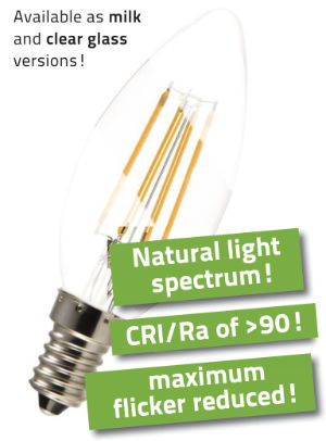 3 watts LED filament Candle Pure-Z-Retro BIO LIGHT | bright as 30 watts, 300 lumen | warm white (2700 Kelvin) | CRI &gt;90, flicker-free (&lt; 1%), E14 socket.