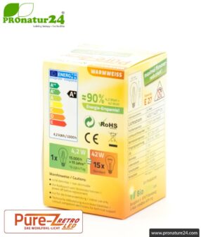 4.2 watts LED Filament Pure-Z-Retro BIO LIGHT | bright as 40 watts, 420 lumen | warm white (2700 Kelvin) | CRI >90, flicker-free (< 1%), E27
