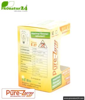4.2 watts LED Filament Pure-Z-Retro BIO LIGHT | bright as 40 watts, 420 lumen | warm white (2700 Kelvin) | CRI >90, flicker-free (< 1%), E27