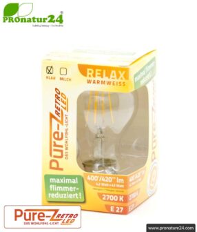 4.2 watts LED Filament Pure-Z-Retro BIO LIGHT | bright as 40 watts, 420 lumen | warm white (2700 Kelvin) | CRI >90, flicker-free (< 1%), E27