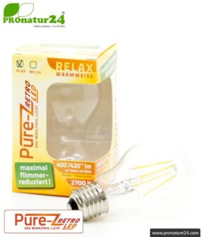 4.2 watts LED Filament Pure-Z-Retro BIO LIGHT | bright as 40 watts, 420 lumen | warm white (2700 Kelvin) | CRI >90, flicker-free (< 1%), E27