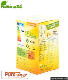 6.4 watts LED Filament Pure-Z-Retro BIO LIGHT | bright as 60 watts, 600 lumen | warm white (2700 Kelvin) | CRI >90, flicker-free (< 1%), E27