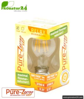 6.4 watts LED Filament Pure-Z-Retro BIO LIGHT | bright as 60 watts, 600 lumen | warm white (2700 Kelvin) | CRI >90, flicker-free (< 1%), E27