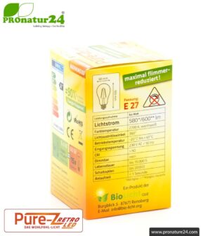 6.4 watts LED Filament Pure-Z-Retro BIO LIGHT | bright as 60 watts, 600 lumen | warm white (2700 Kelvin) | CRI >90, flicker-free (< 1%), E27