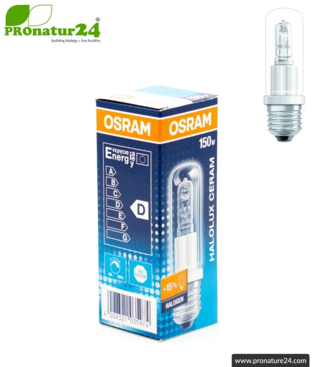 150 watts halogen lamp HALOLUX CERAM® | Model 64478 from OSRAM | 15 percent brighter than a 150 Watt light bulb | Warm white. E27.