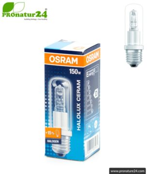 150 watts halogen lamp HALOLUX CERAM® | Model 64478 from OSRAM | 15 percent brighter than a 150 Watt light bulb | Warm white. E27.