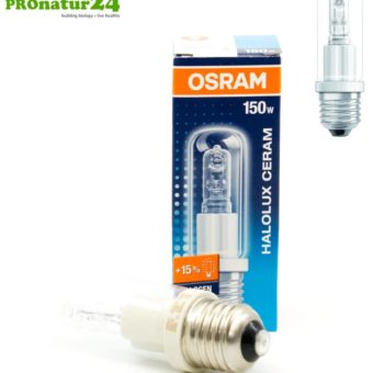 150 watts halogen HALOLUX CERAM® | Model 64478 from OSRAM | 15 percent brighter than a 150 watts light bulb | Warm white. E27.