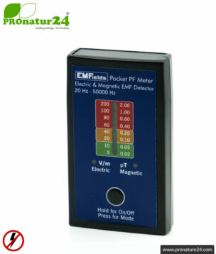 Pocket PF Meter | Low frequency measuring device for electrosmog LF | Detection of electric and magnetic fields. 15 to 50,000 Hz. Potential-free measurement µT/mG.