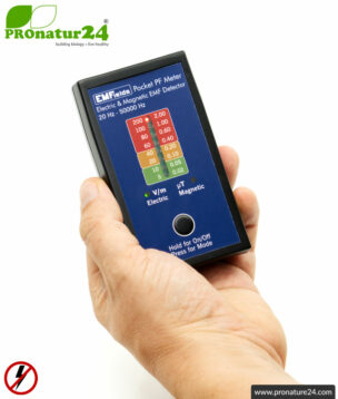 Pocket PF Meter | Low frequency measuring device for electrosmog LF | Detection of electric and magnetic fields. 15 to 50,000 Hz. Potential-free measurement.