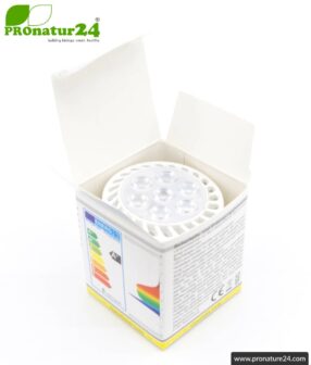 6 watts LED full spectrum spot 3step | natural flicker free light | bright as 35 watts, 480 lumen | dimming without dimmer (100%, 50%, 15%) | 5400 Kelvin. GU10 socket.
