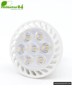 6 watts LED full spectrum spot 3step | natural flicker free light | bright as 35 watts, 480 lumen | dimming without dimmer (100%, 50%, 15%) | 5400 Kelvin. GU10 socket.
