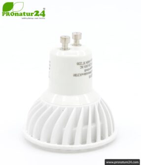 6 watts LED full spectrum spot 3step | natural flicker free light | bright as 35 watts, 480 lumen | dimming without dimmer (100%, 50%, 15%) | 5400 Kelvin. GU10 socket.