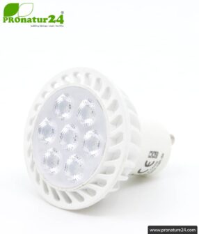 6 watts LED full spectrum spot 3step | natural flicker free light | bright as 35 watts, 480 lumen | dimming without dimmer (100%, 50%, 15%) | 5400 Kelvin. GU10 socket.
