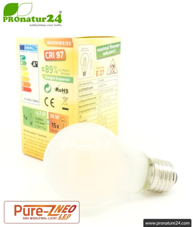 4.2 watts LED filament Pure-Z NEO from BioLicht | frosted glass | CRI 97 | bright as 38 watts, 650 lumen | warm white (2700 K) | flicker-free (< 1%), E27 socket