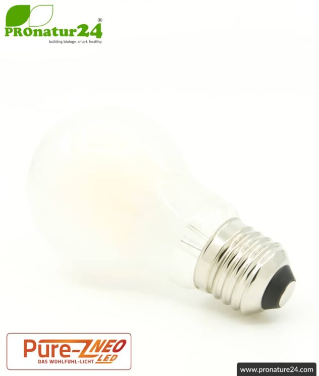 6.4 watts LED filament Pure-Z NEO from BioLicht | frosted glass | CRI 97 | bright as 55 watts, 650 lumen | warm white (2700 K) | flicker-free (< 1%), E27 socket