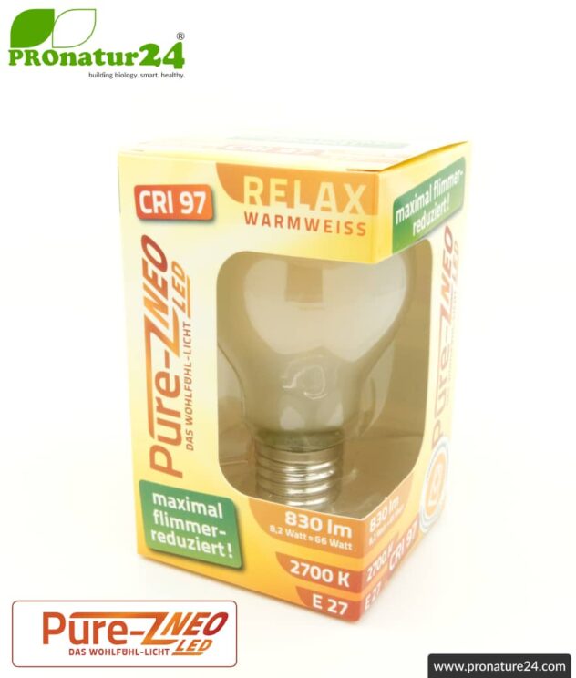 8.2 watts LED filament Pure-Z NEO from BioLicht | frosted glass | CRI 97 | bright as 66 watts, 830 lumen | warm white (2700 K) | flicker-free (< 1%), E27 socket.