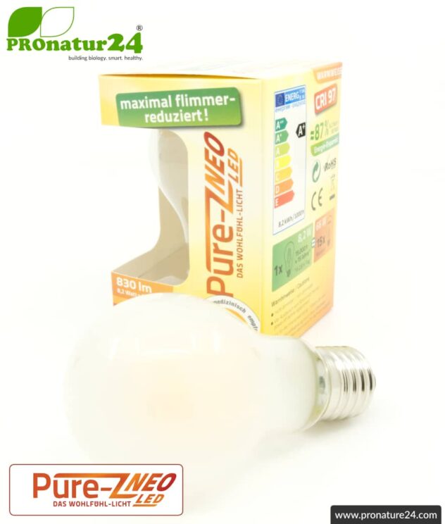 8.2 watts LED filament Pure-Z NEO from BioLicht | frosted glass | CRI 97 | bright as 66 watts, 830 lumen | warm white (2700 K) | flicker-free (< 1%), E27 socket.