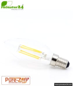 4 Watt LED filament candle Pure-Z NEO by BioLicht | Clear glass | CRI 97 | As bright as 38 watts, 400 lumen | Warm white (2700 K) | Flicker-free (< 1%), E14 socket