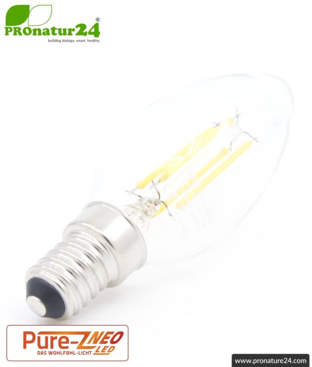 4 Watt LED filament candle Pure-Z NEO by BioLicht | Clear glass | CRI 97 | As bright as 38 watts, 400 lumen | Warm white (2700 K) | Flicker-free (< 1%), E14 socket