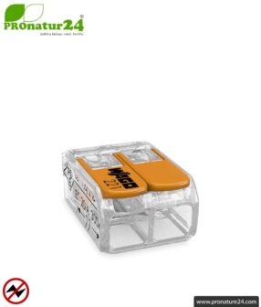 WAGO compact splicing connector, Series 221 | Model 221-412 | for 2 solid, fine-stranded and stranded conductors | Conductor cross-section 0.14mm² to 4mm² | 450V / 32 A | Alternative to luster terminal block