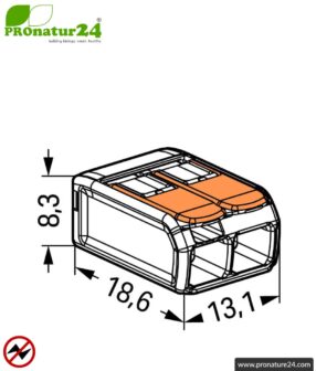 WAGO compact splicing connector, Series 221 | Model 221-412 | for 2 solid, fine-stranded and stranded conductors | Conductor cross-section 0.14mm² to 4mm² | 450V / 32 A | Alternative to luster terminal block