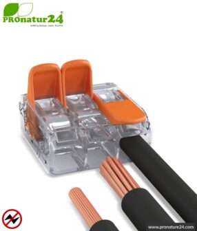 WAGO compact splicing connector, series 221 | Model 221-413 | for 3 solid, fine-stranded and stranded cables | Conductor cross-section 0.14mm² to 4mm² | 450V / 32 A | Alternative to classic connector blocks