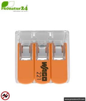 WAGO compact splicing connector, series 221 | Model 221-413 | for 3 solid, fine-stranded and stranded cables | Conductor cross-section 0.14mm² to 4mm² | 450V / 32 A | Alternative to classic connector blocks