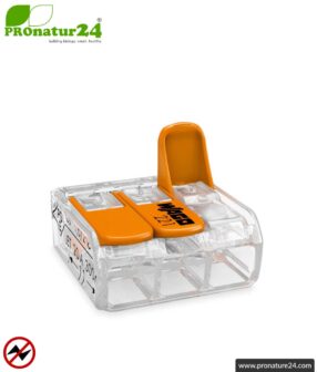 WAGO compact splicing connector, series 221 | Model 221-413 | for 3 solid, fine-stranded and stranded cables | Conductor cross-section 0.14mm² to 4mm² | 450V / 32 A | Alternative to classic connector blocks
